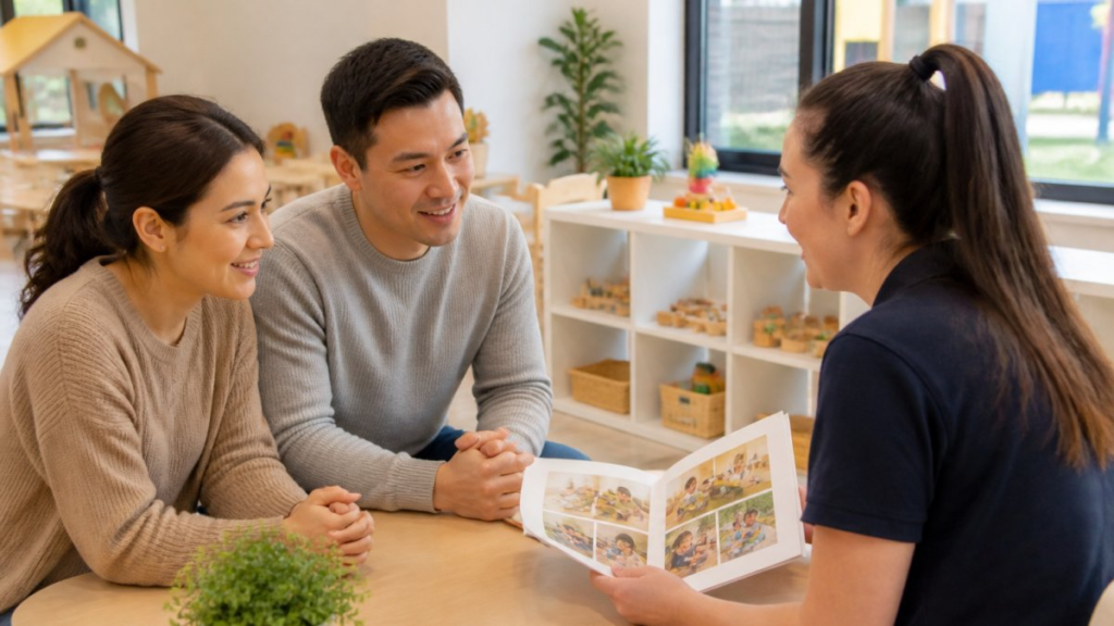 Couple sits at a table, smiling as a staff member shows a colorful photo book.