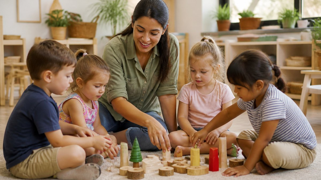 Teacher sits with four children on a rug, building with wooden blocks in a classroom.